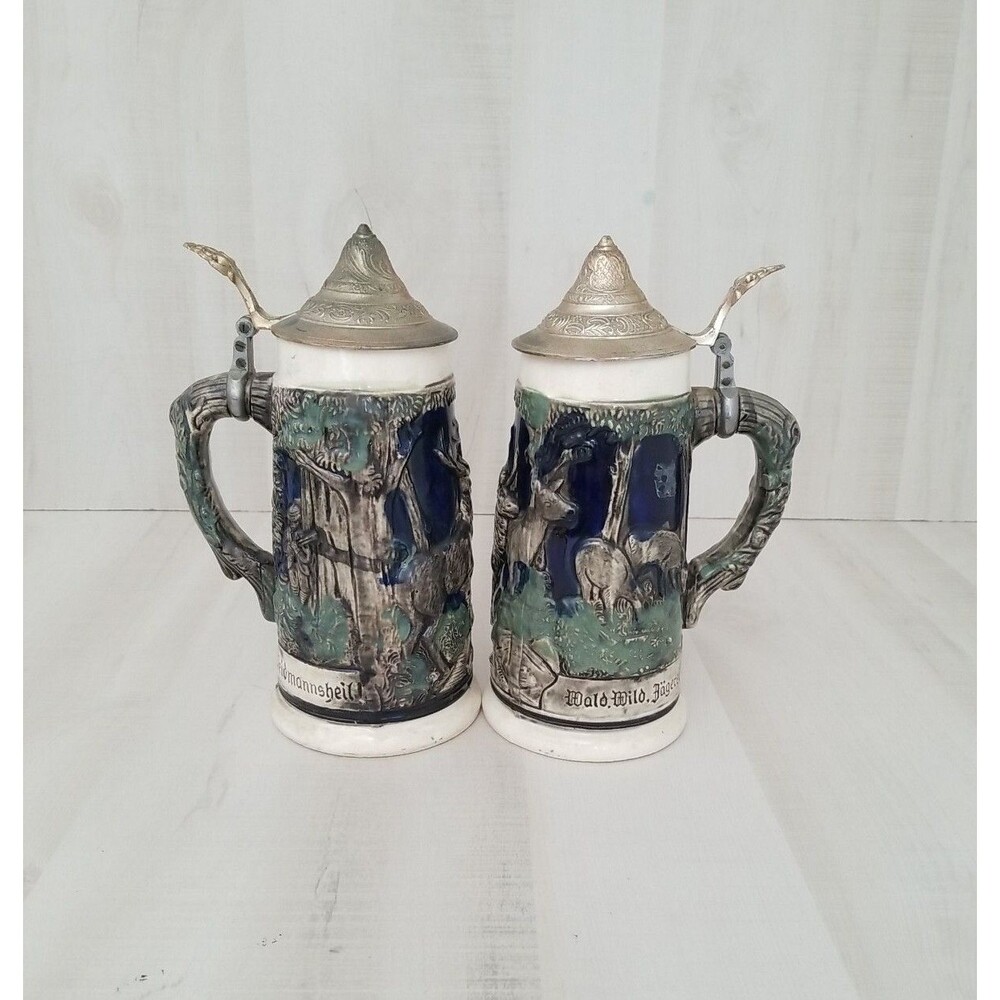 2 Weidmannsheil Wald Wild Jägerei Good Hunting Vintage German Beer Stein Used